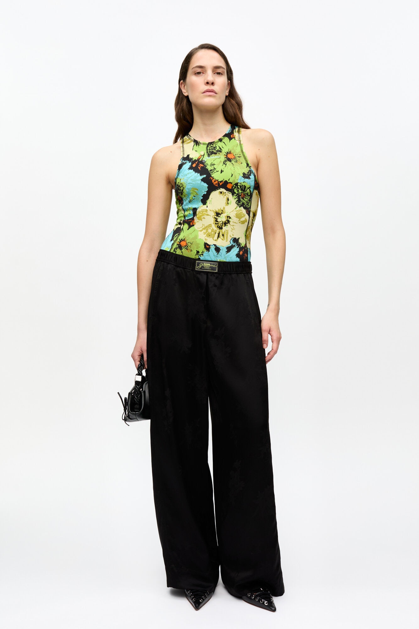 BLACK SATIN JACQUARD PANTS - 2
