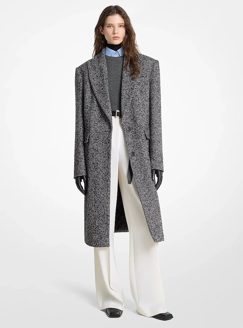 Herringbone Cotton Blend Melton Reefer Coat - 1