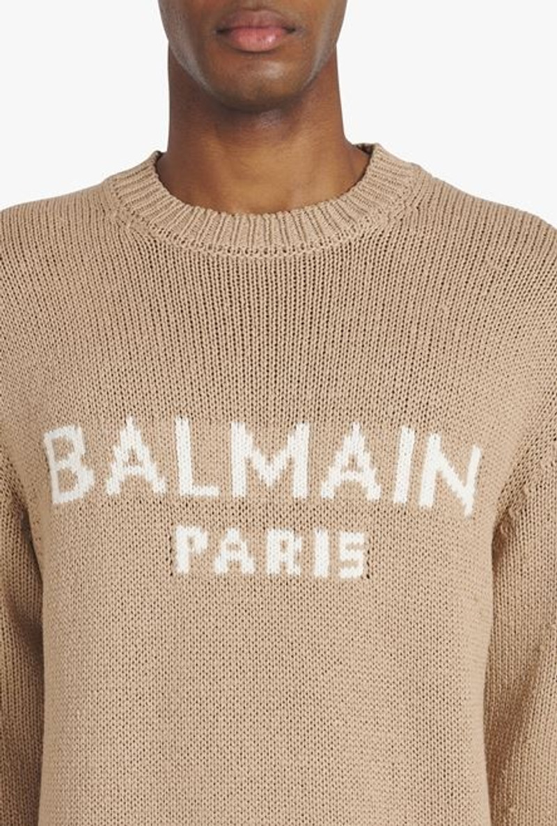Sand-colored merino wool sweater with white Balmain Paris logo 6