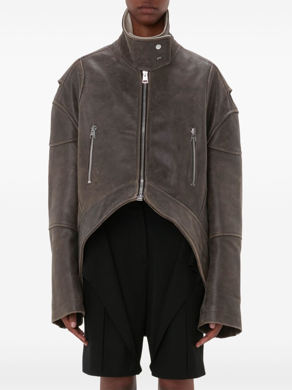 high-neck curved leather jacket - 3