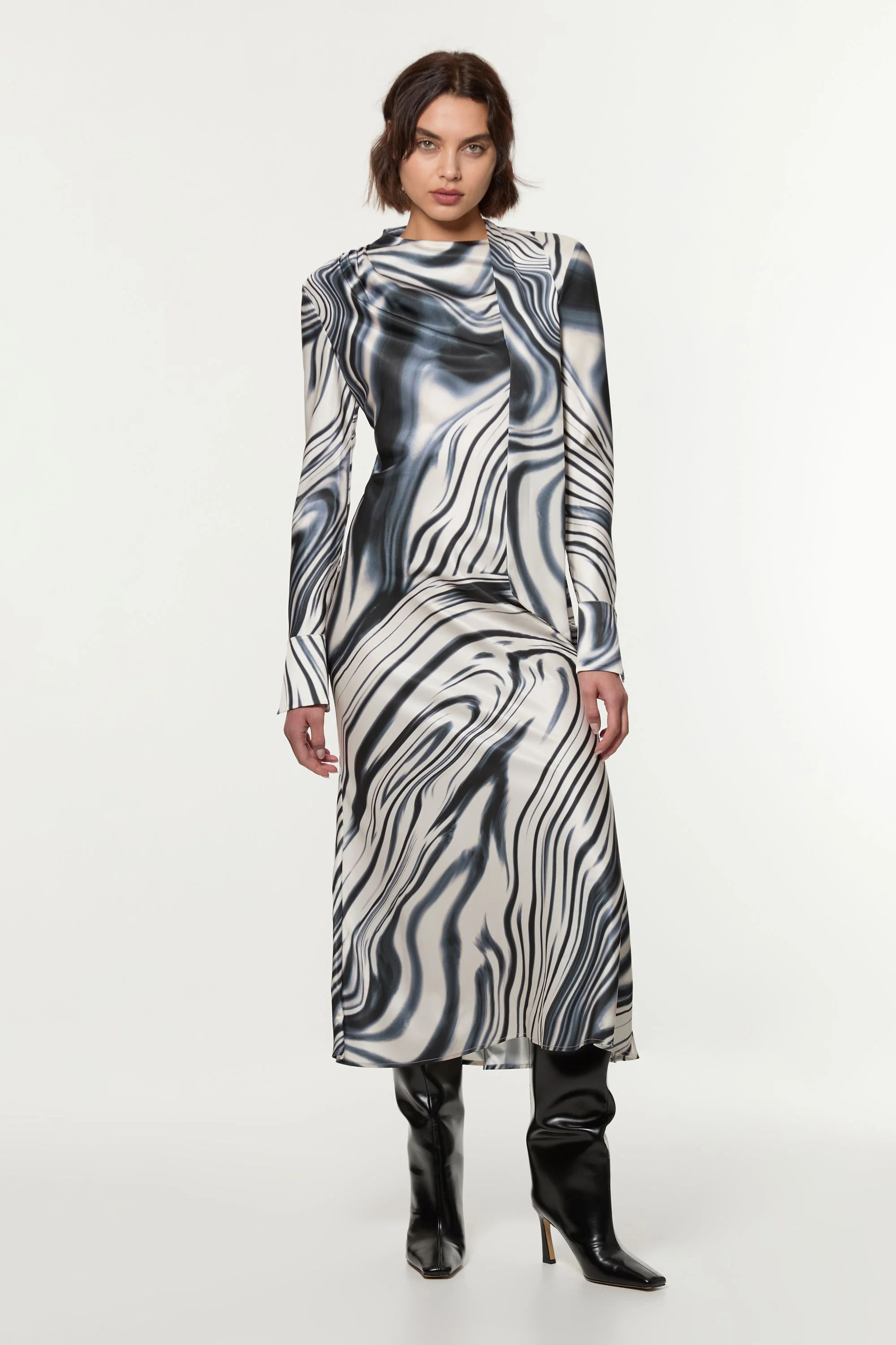 Graduated Stripe Viscose Satin Bias Midi Dress - 1