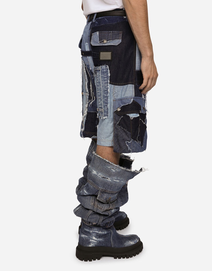 Stretch patchwork denim cargo shorts - 5