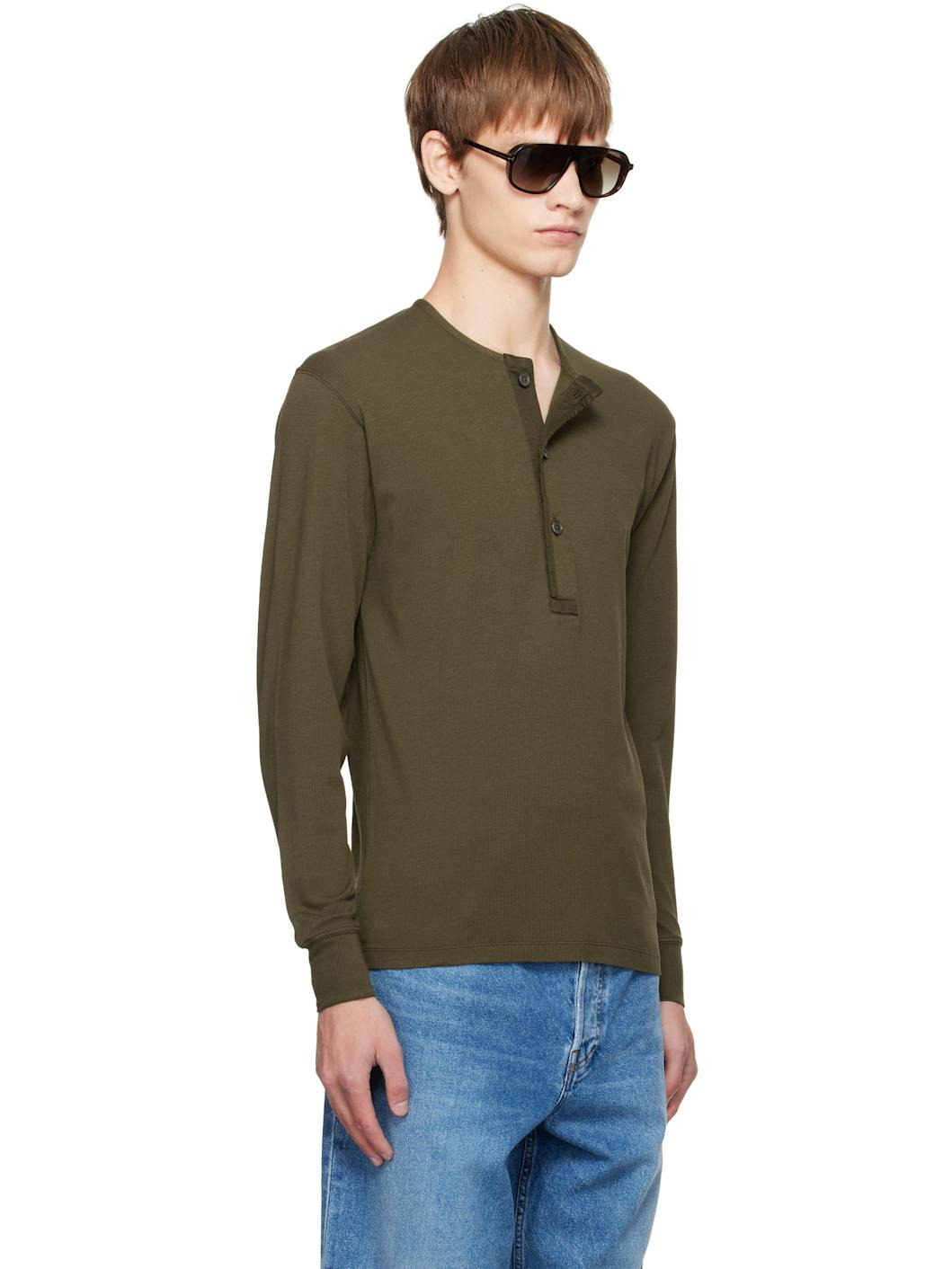 Green Cotton Stretch Rib Henley - 2