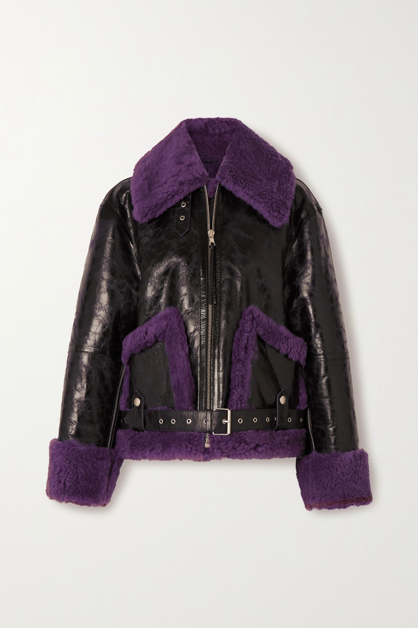 Oversized shearling and glossed textured-leather jacket - 1