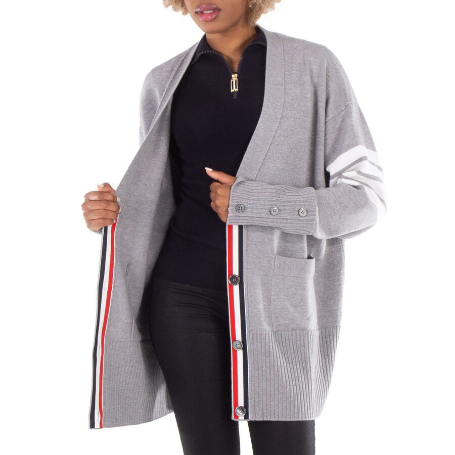 Thom Browne Light Grey 4-Bar Exaggerated Fit V-Neck Cardigan - 1