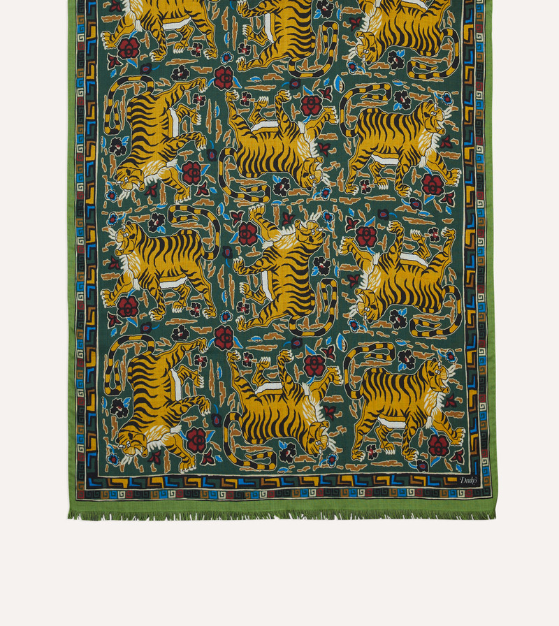 Green Tiger Print Wool-Silk Scarf 3