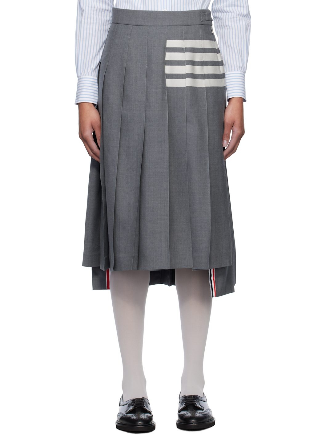 Gray Plain Weave 4-Bar Pleated Midi Skirt - 1