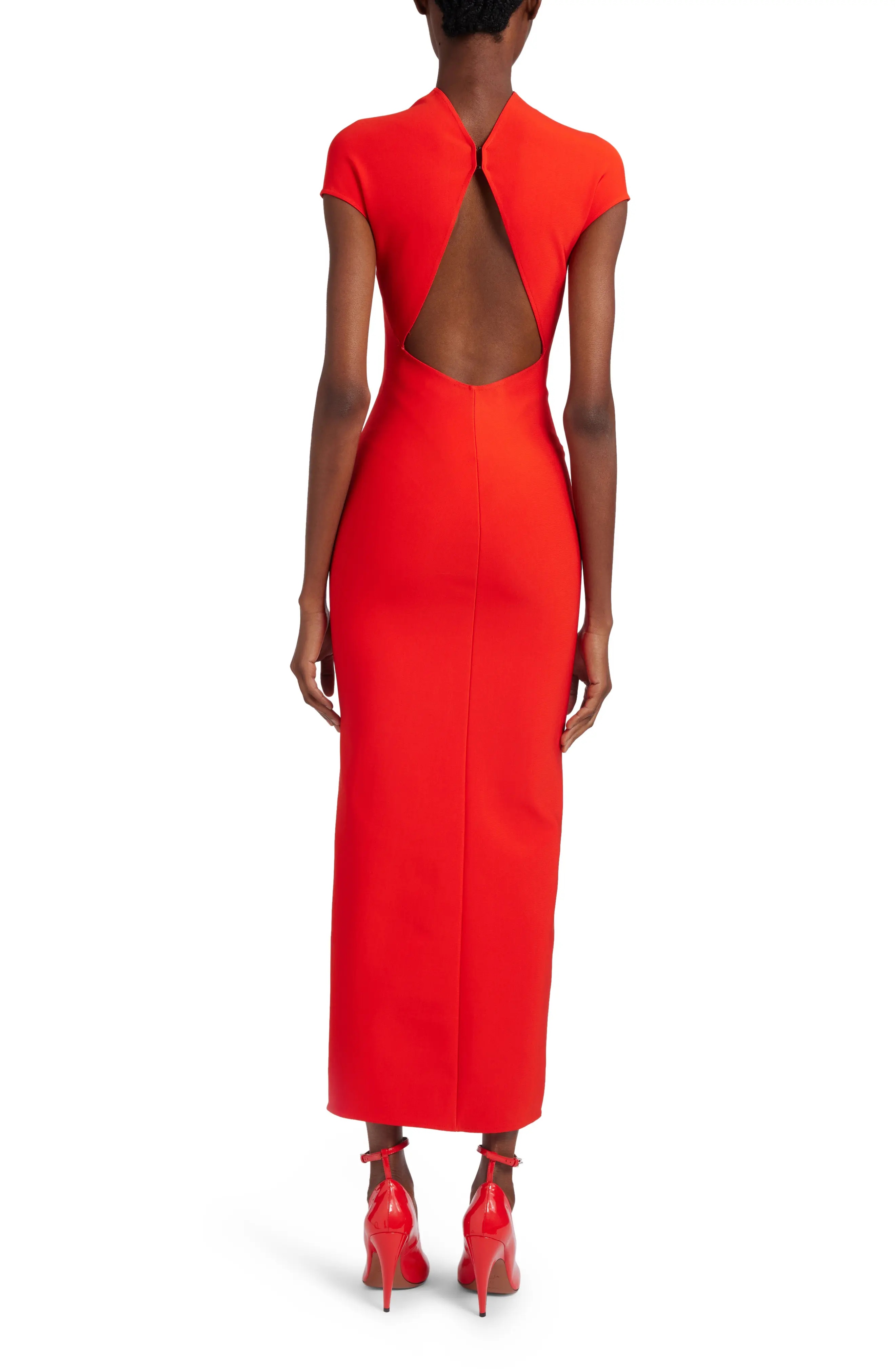azzedine alaia dress red Vintage 1992 Azzedine Alaia Documented Red Stretch Knit Cold-Shoulder  Bodycon Maxi Dress