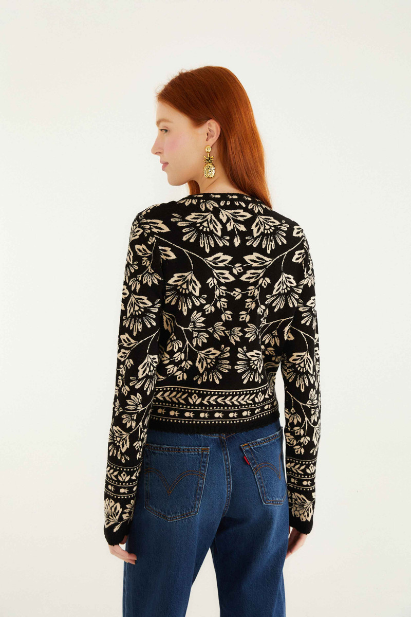 Black And White Flower Bloom Buttoned Knit Cardigan 3