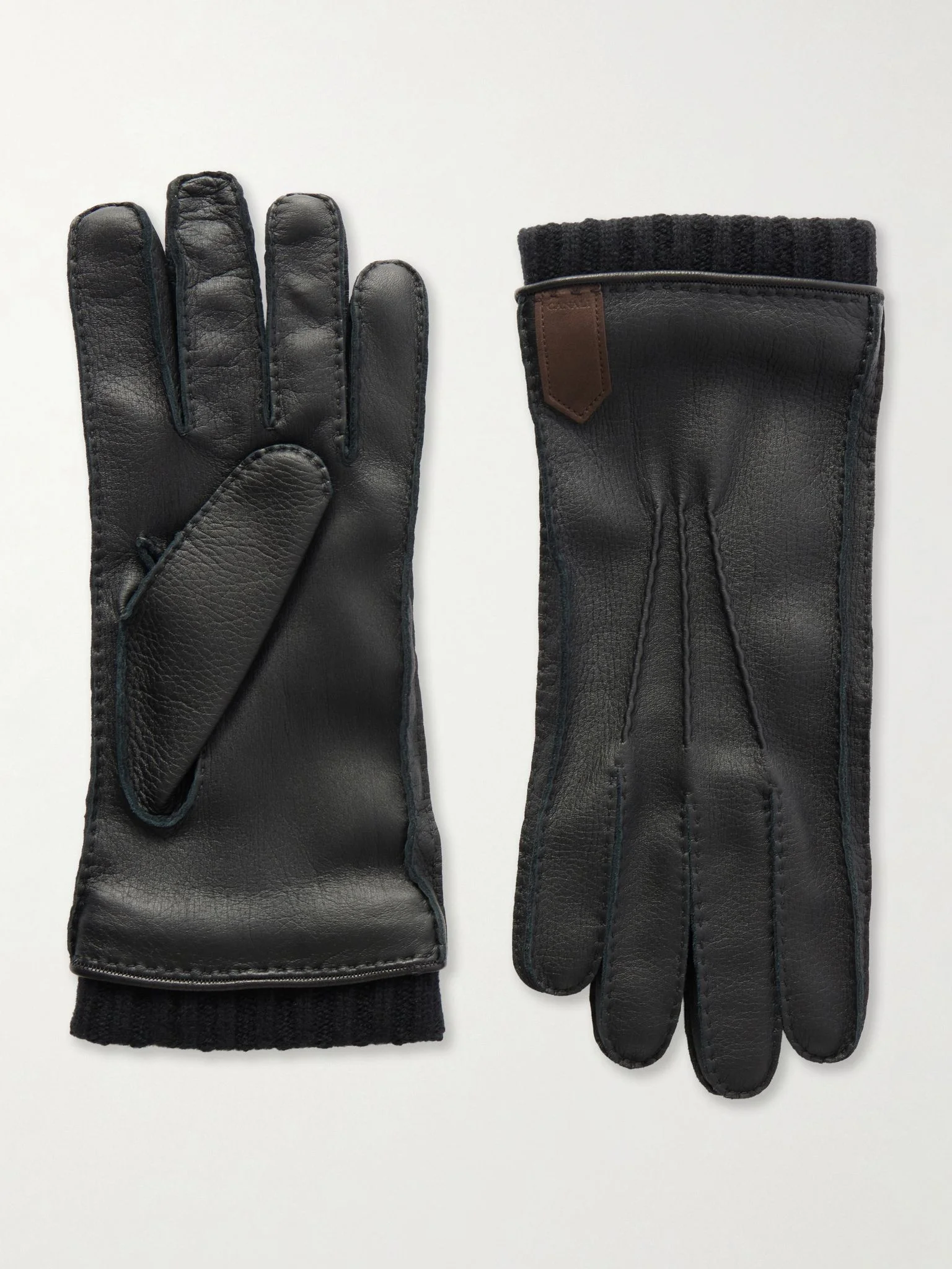 Ribbed Cashmere-Trimmed Leather Gloves Black - 1