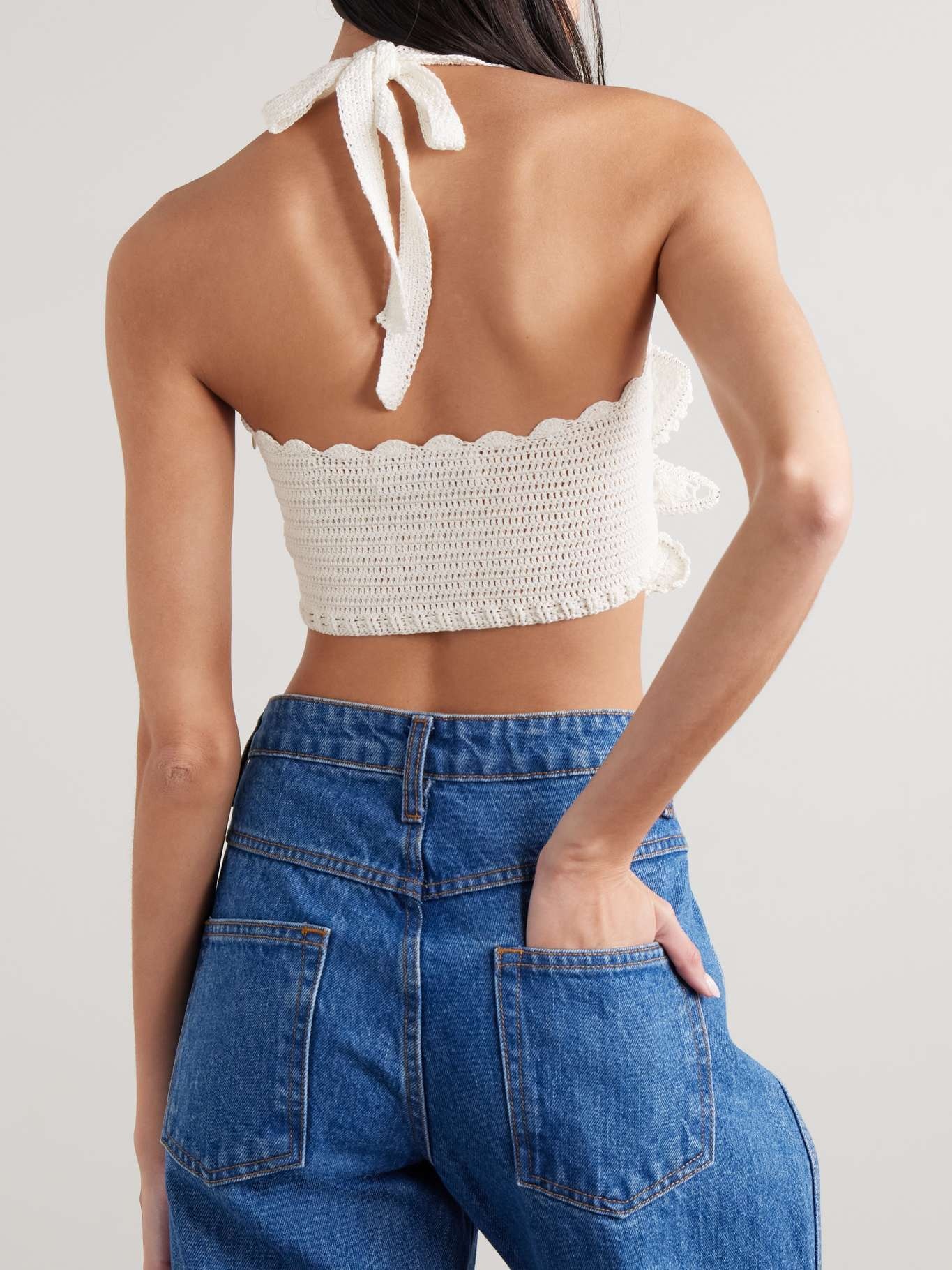 Mia cropped appliquéd crocheted organic cotton halterneck top White - 3