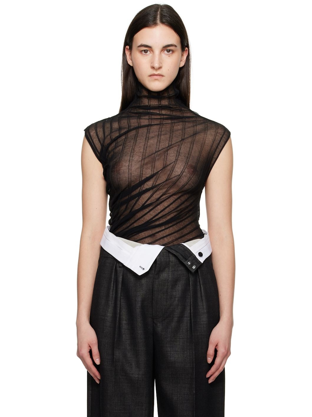 Black Draped Sleeveless High Neck Tank Top - 1