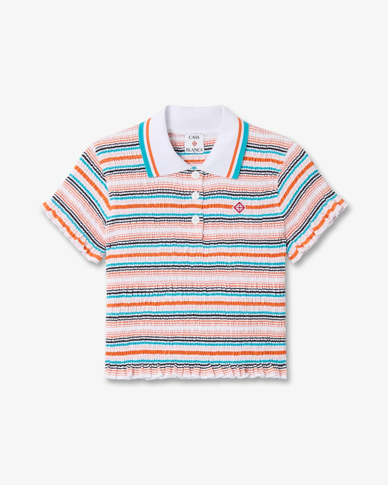 Multicolour Striped Shirred Short Sleeve Polo Shirt | Casablanca Paris 1