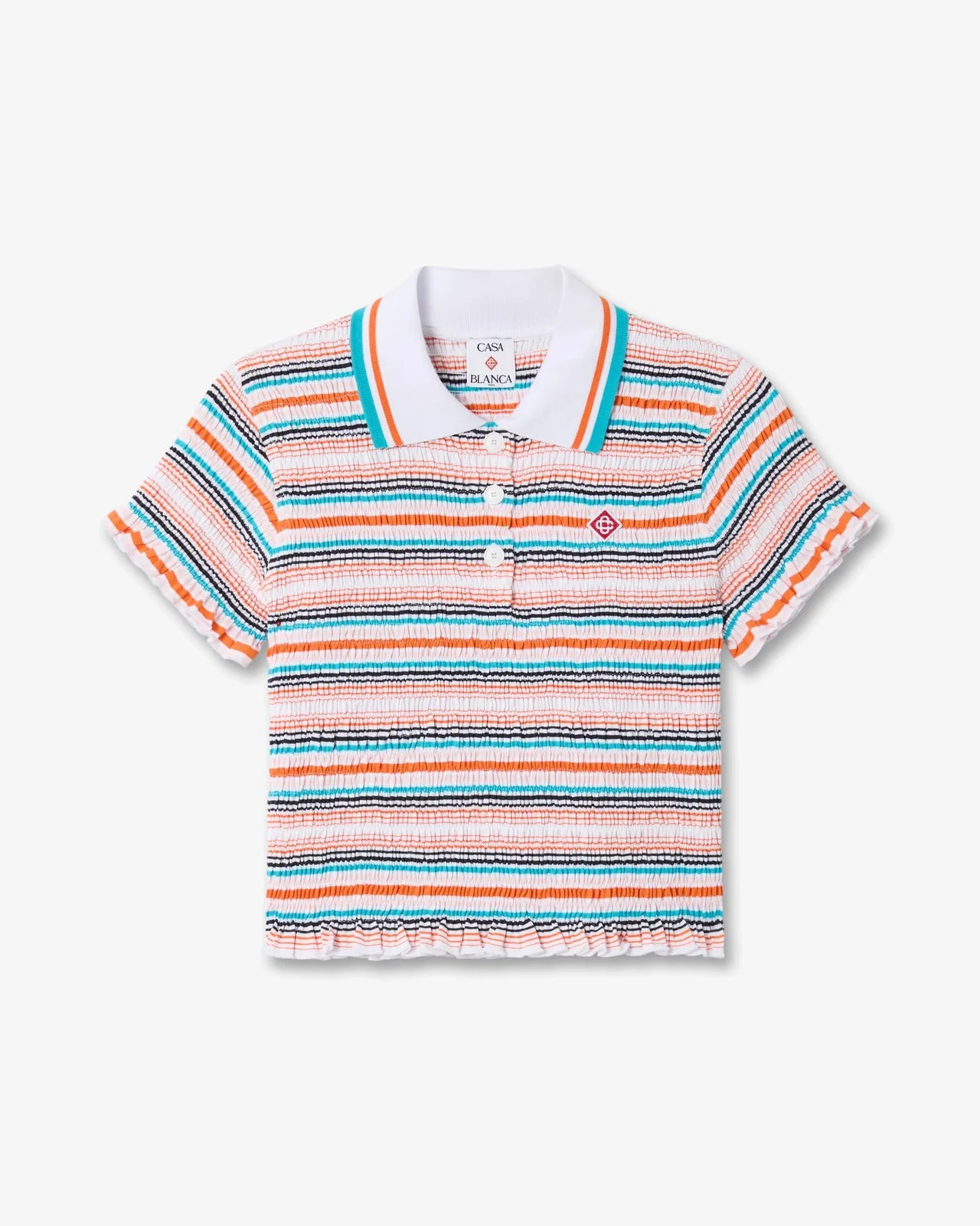 Multicolour Striped Shirred Short Sleeve Polo Shirt | Casablanca Paris - 1