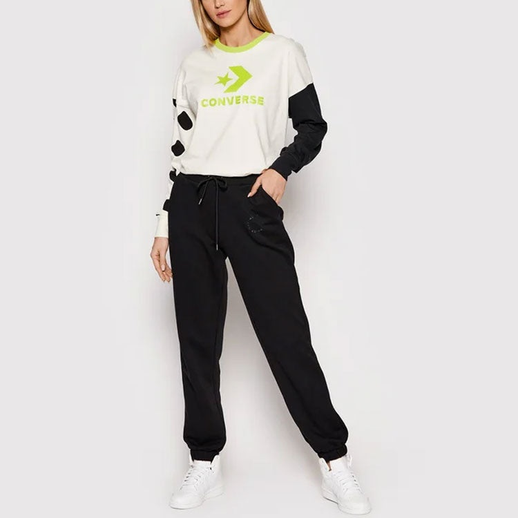 (WMNS) Converse Large Logo Printing Splicing Contrasting Colors Loose Round Neck Long Sleeves White  - 3