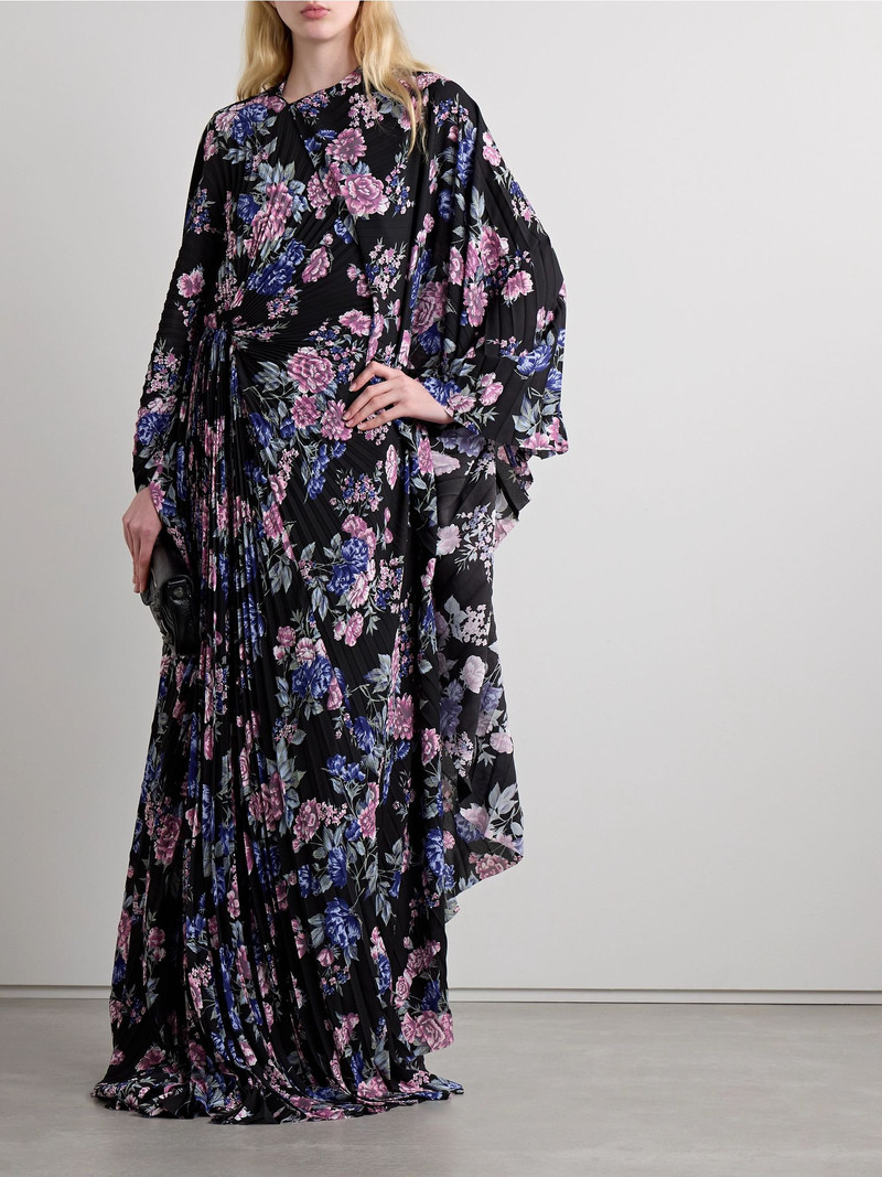 BALENCIAGA Cape-effect floral-print plissé-crepe gown Black outlook