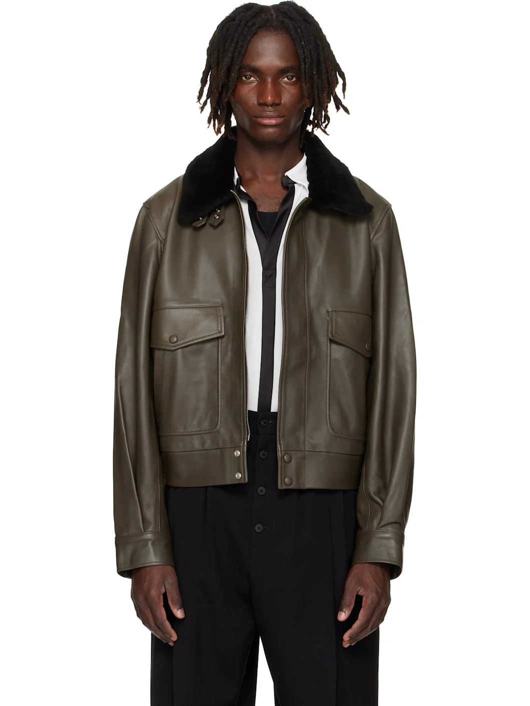 Khaki Aviator Leather Jacket - 1