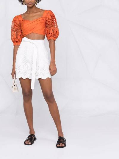 self-portrait lace puff-sleeves crossover cropped top outlook