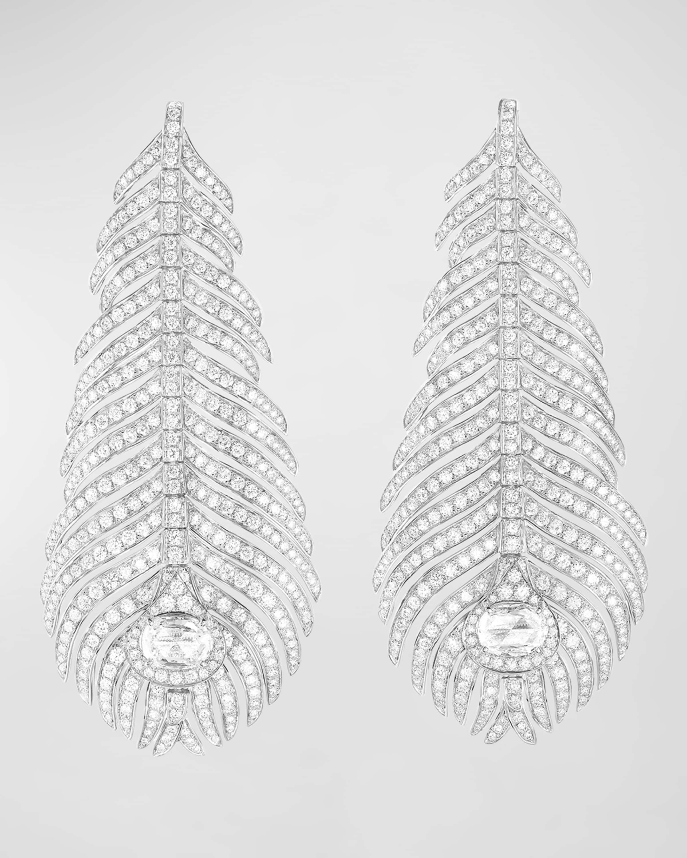 Plume de Paon Diamond Pendant Earrings in 18K White Gold - 1