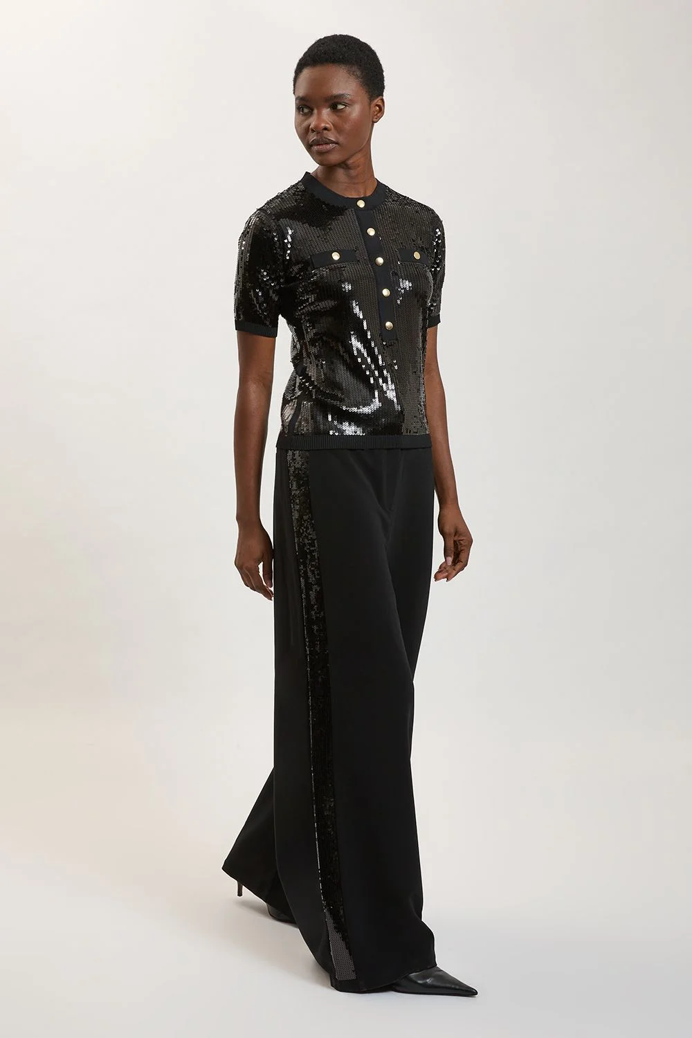 Sequin Side Strip Wide Leg Trouser - 1