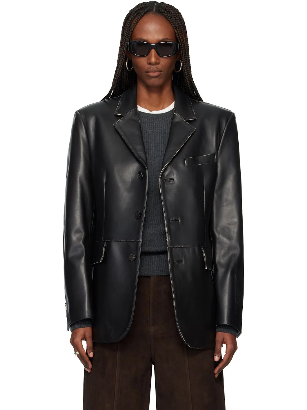 Black Nappa Leather Distressed Tailored Jacket - 1