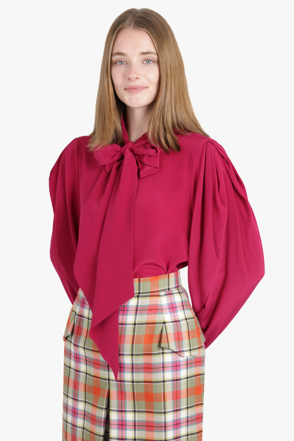 GATHERED L/S SLEEVE TIE NECK BLOUSE | BURNT FUCHSIA - 6