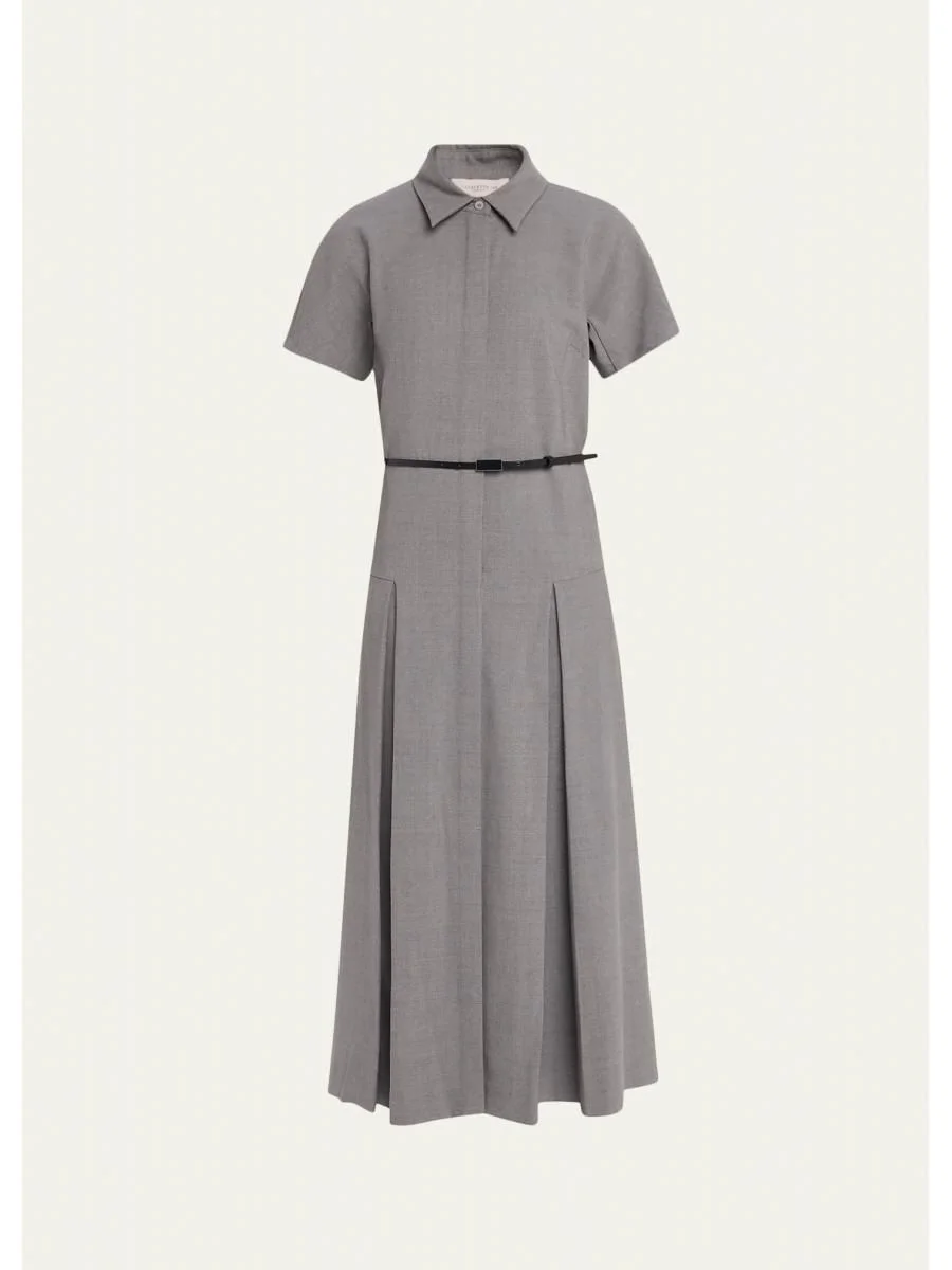 Pleated Stretch Wool Midi Shirtdress - 1