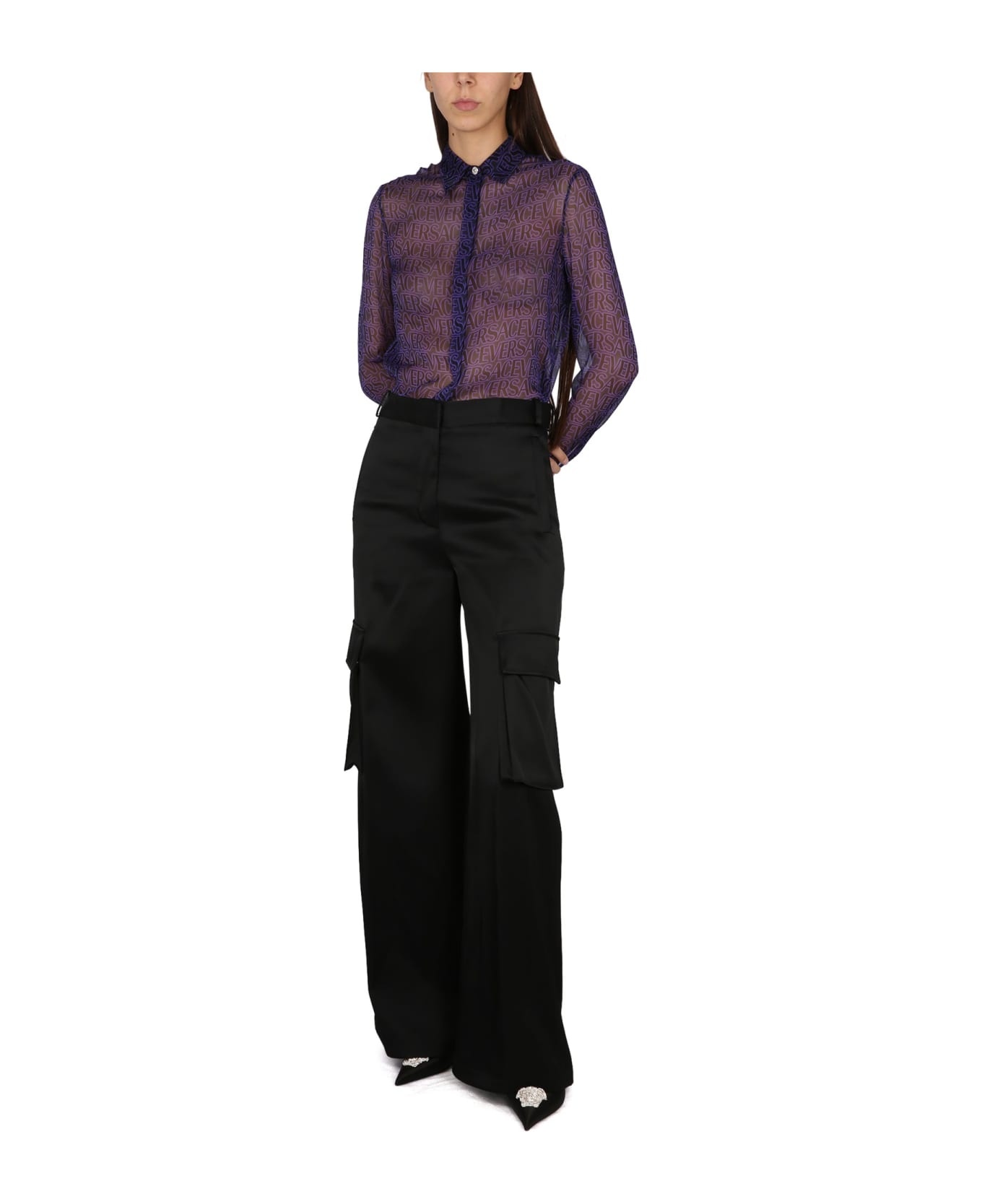 Black Cargo Pants Satn Effect With Cargo Pockets In Viscose Woman - 2