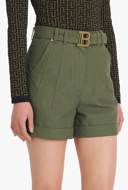 Khaki denim high-waisted shorts with Balmain buckle - 6