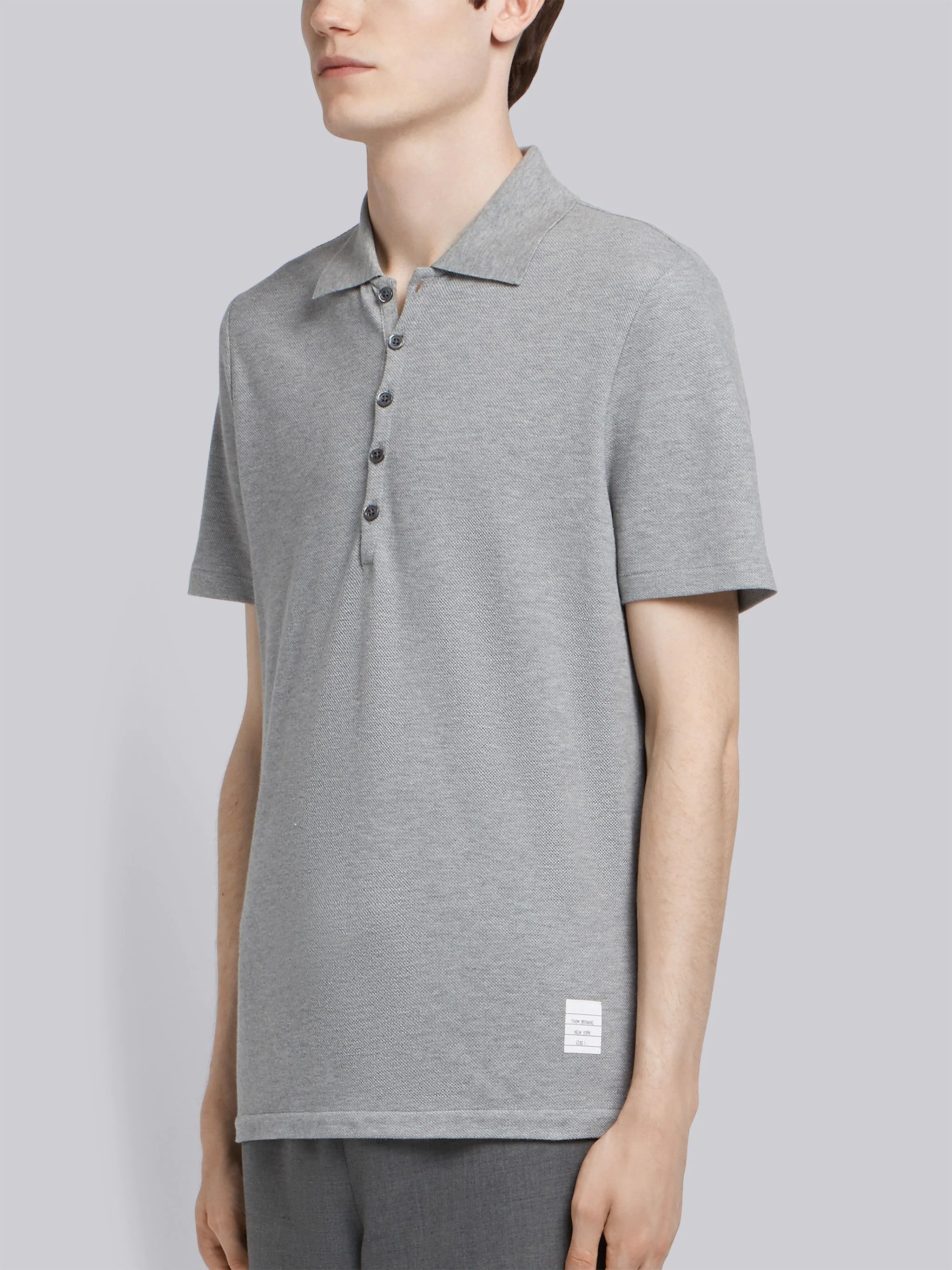 Light Grey Cotton Pique Center Back Stripe Relaxed Fit Polo - 3