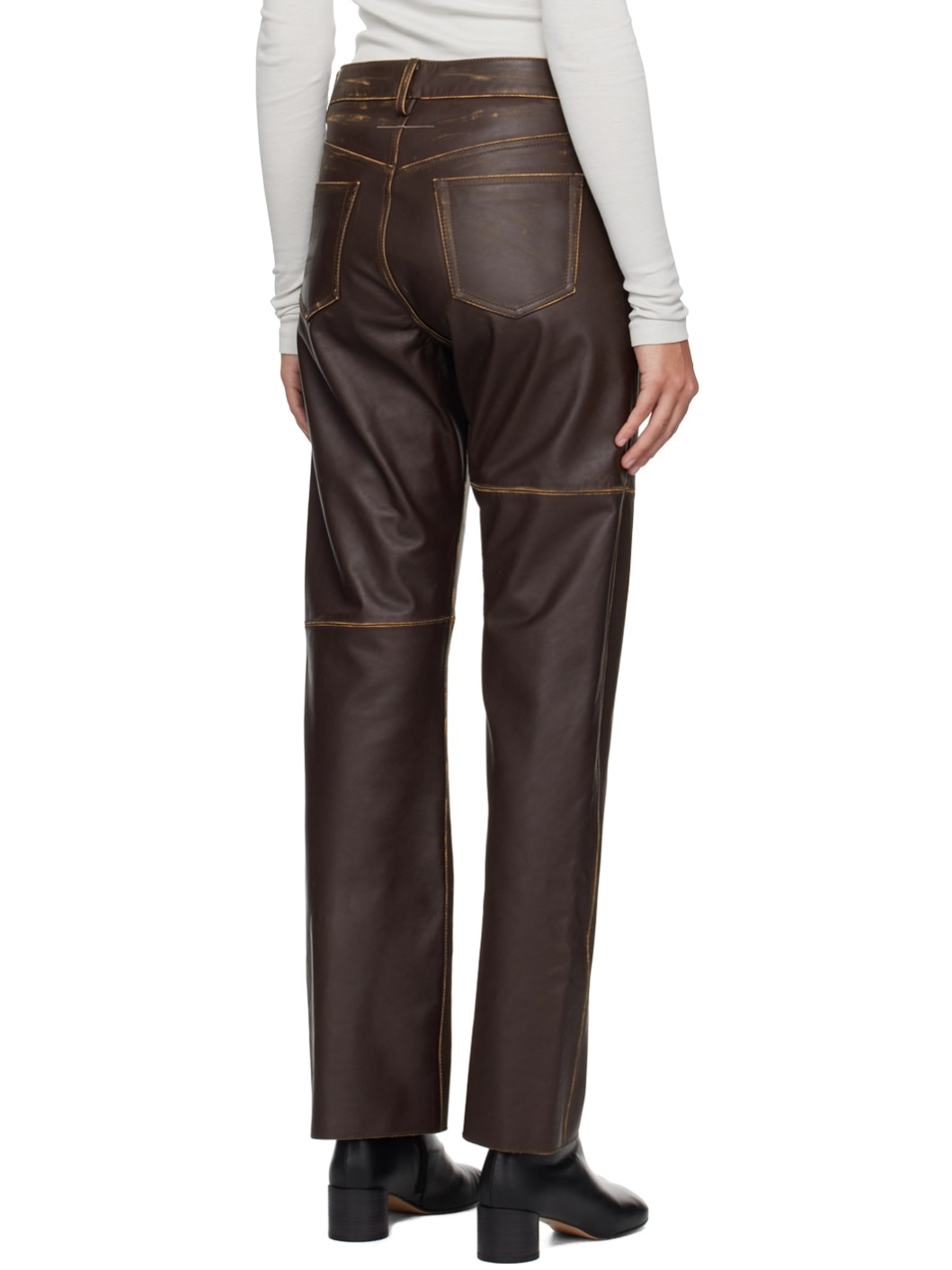 Brown Paneled Leather Pants - 3