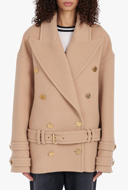 Camel wool and cashmere pea coat with double-breasted gold-tone buttoned fastening - 4