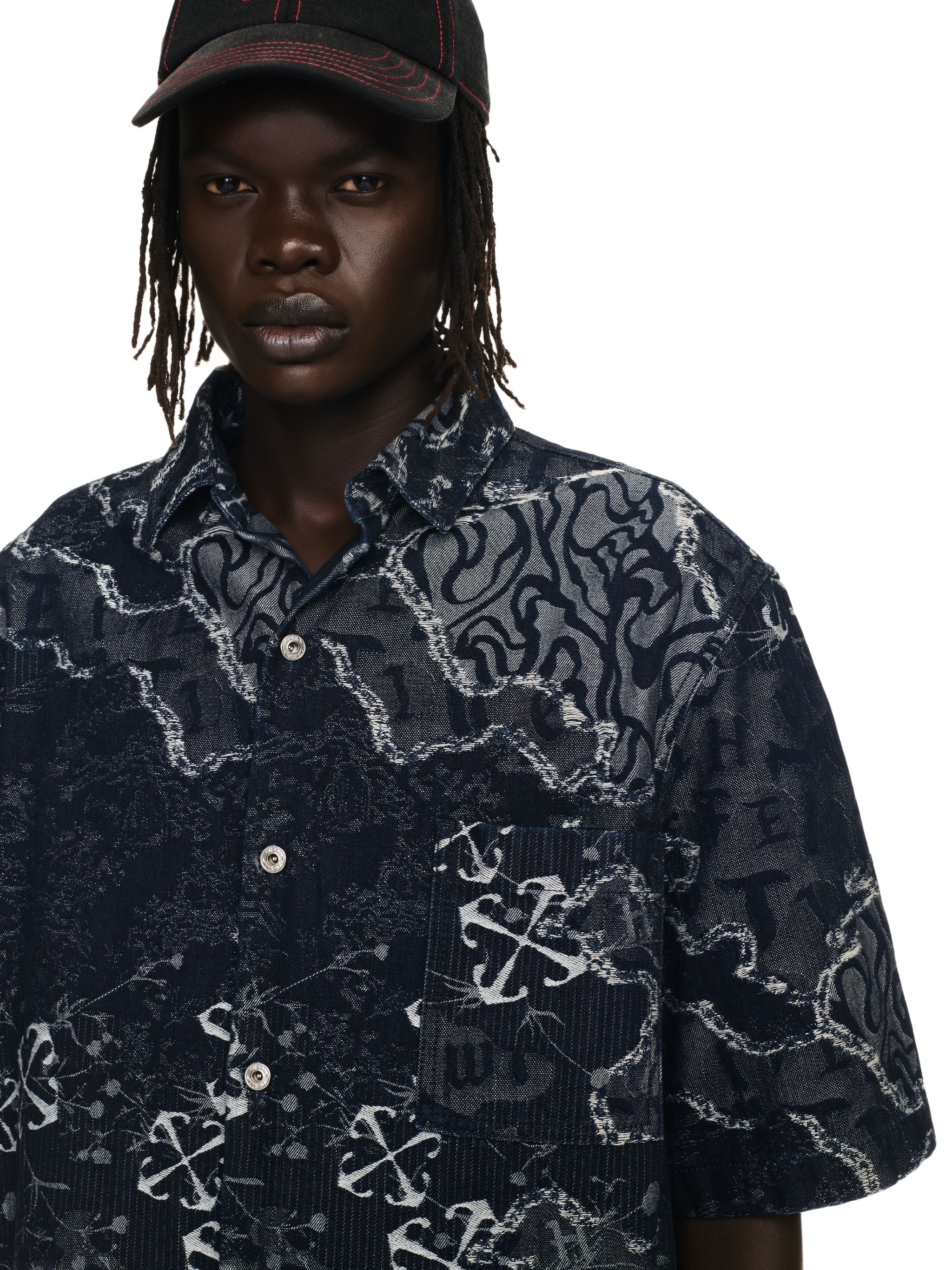 Blue Camo Jacquard Denim Bowling Shirt - 5