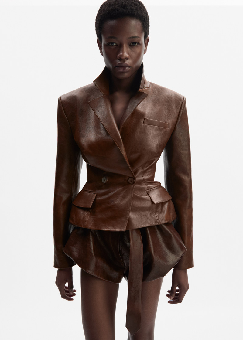 Tailored leather peplum blazer in light brown 4