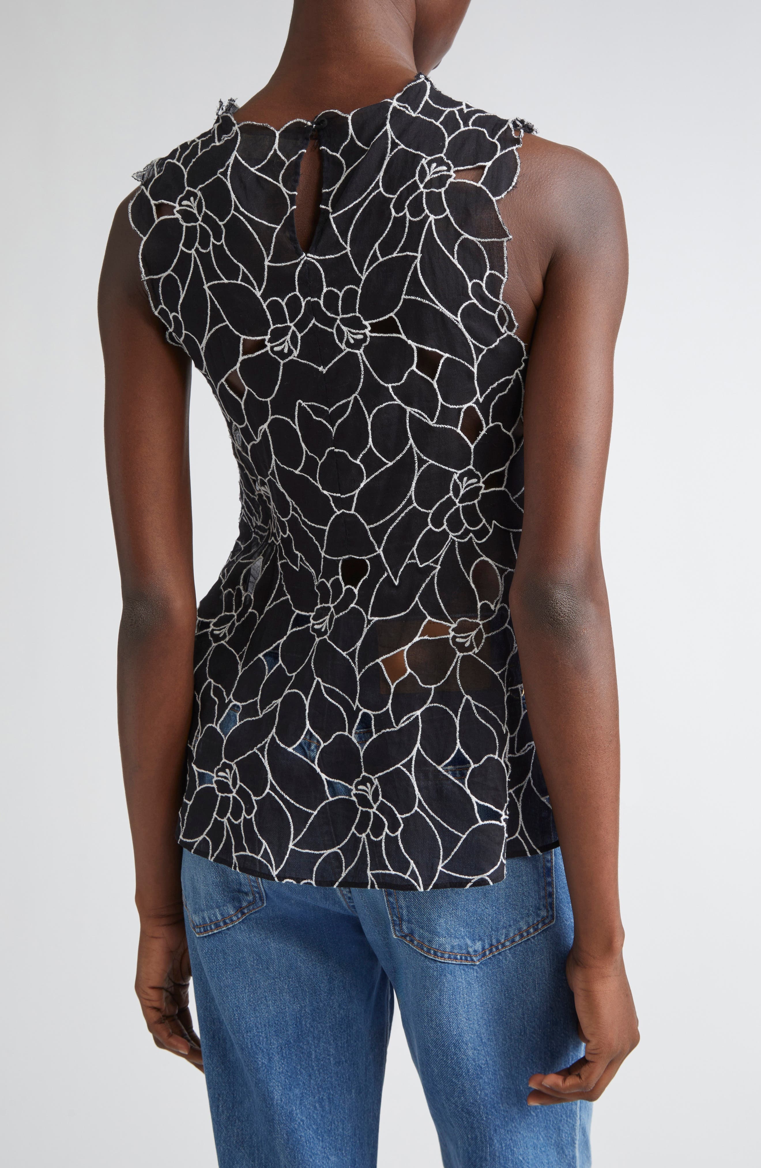 Ulla Johnson Ali Embroidered Cutout Sleeveless Top in Noir at Nordstrom - 3