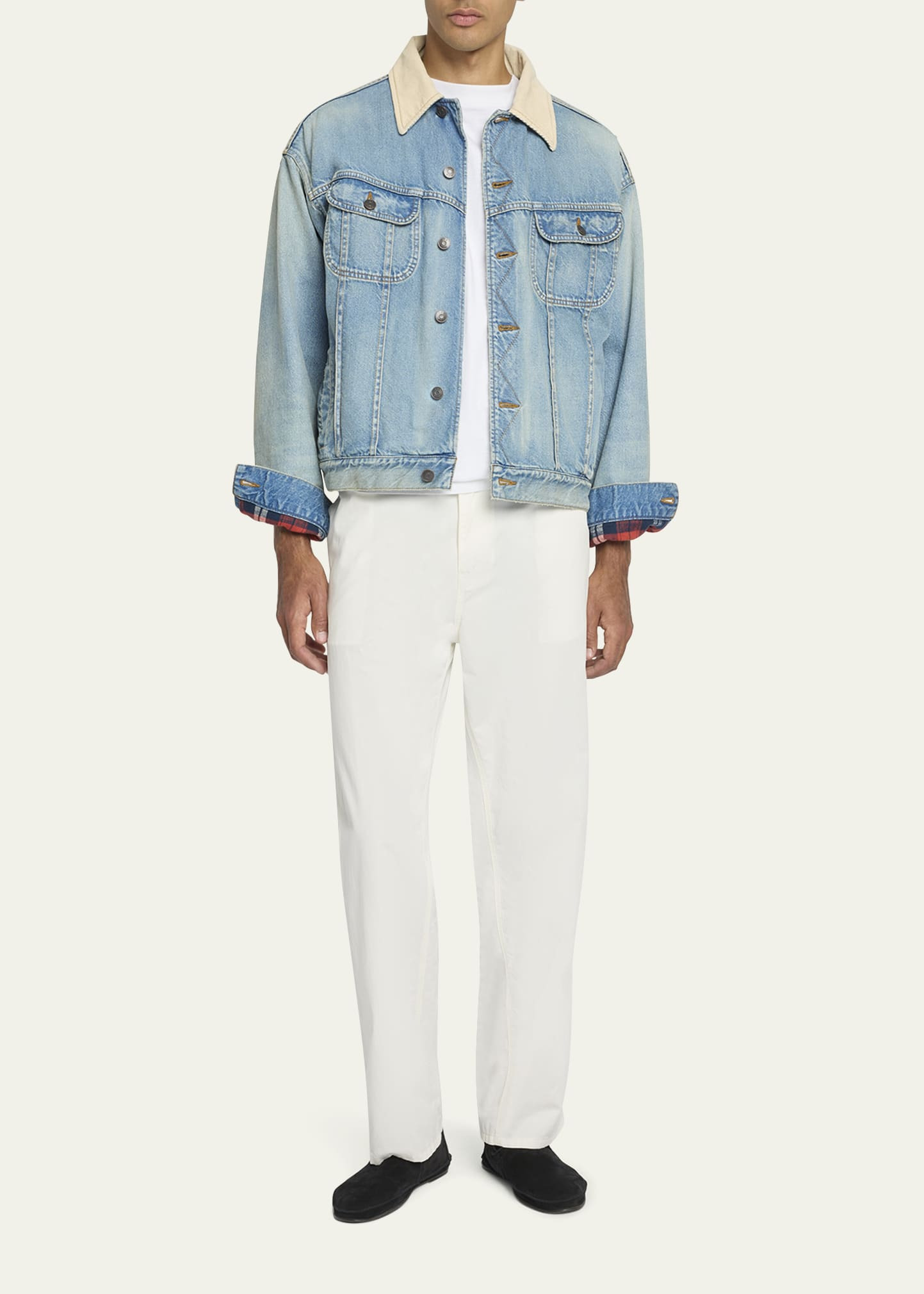 Men's Denim Jacket with Corduroy Collar - 2
