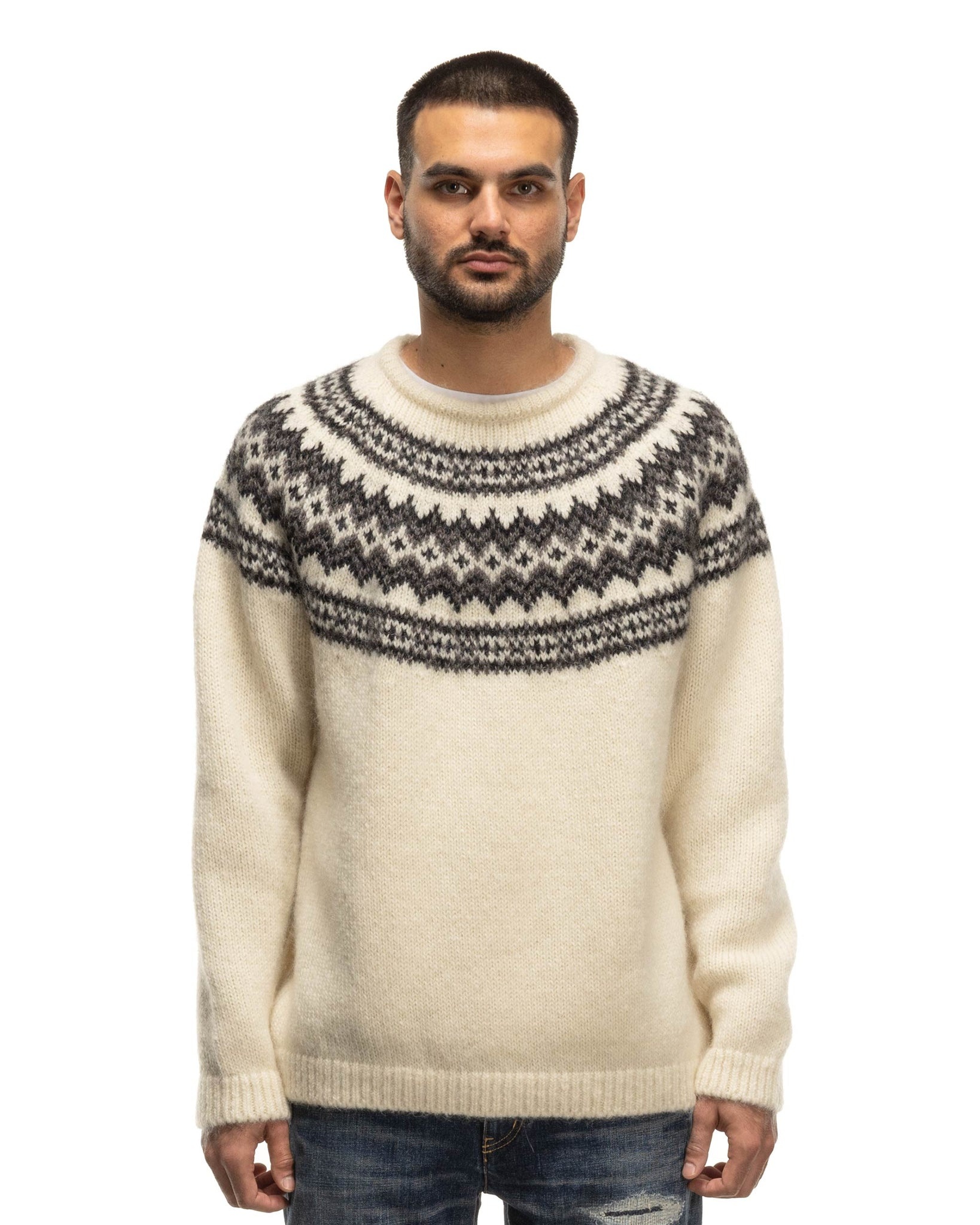 Uniform Experiment Mohair Nordic Crewneck Knit White | REVERSIBLE