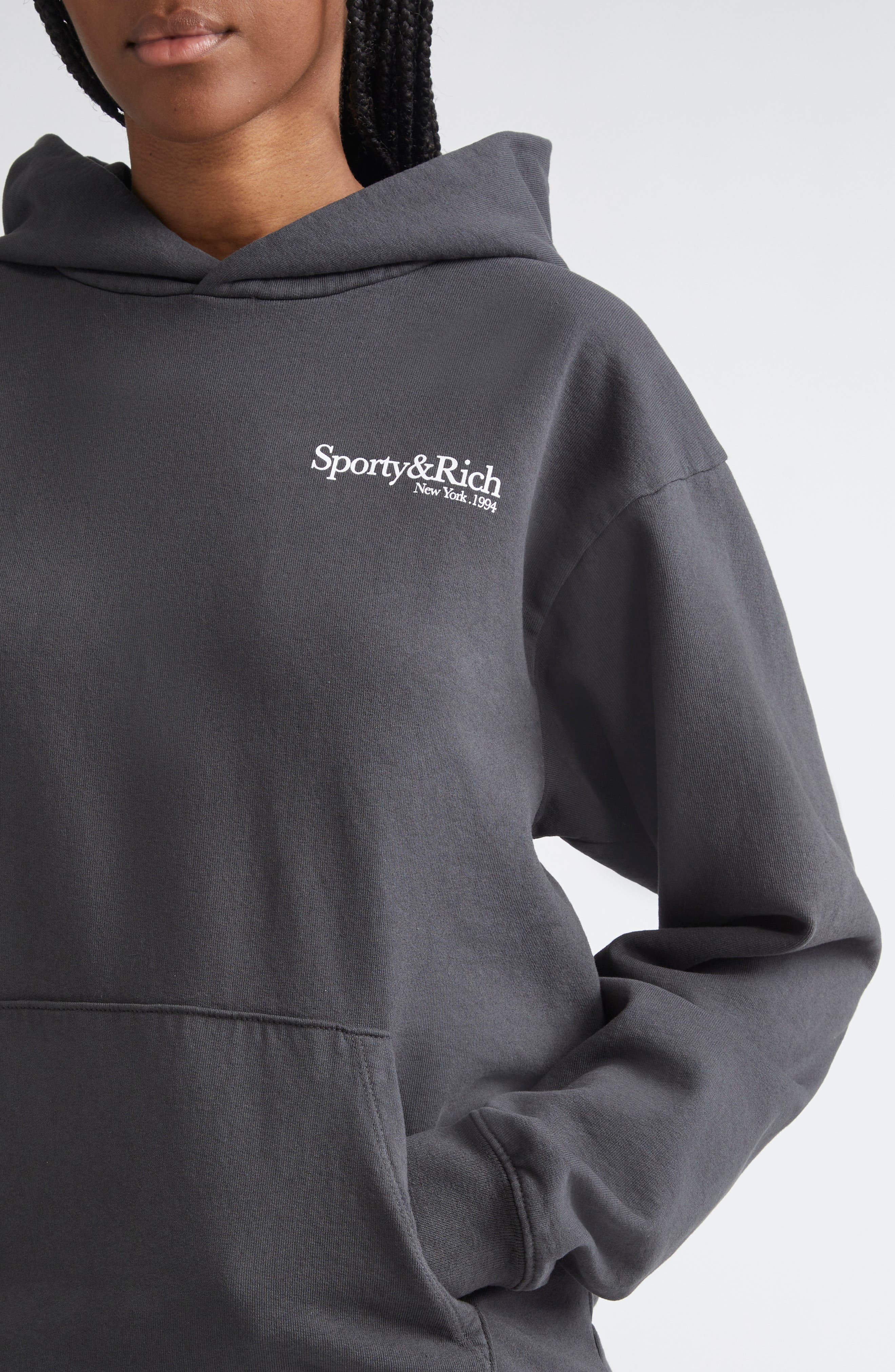 Sporty & Rich HWCNY Oversize Cotton Fleece Graphic Hoodie in Faded Black at Nordstrom - 4