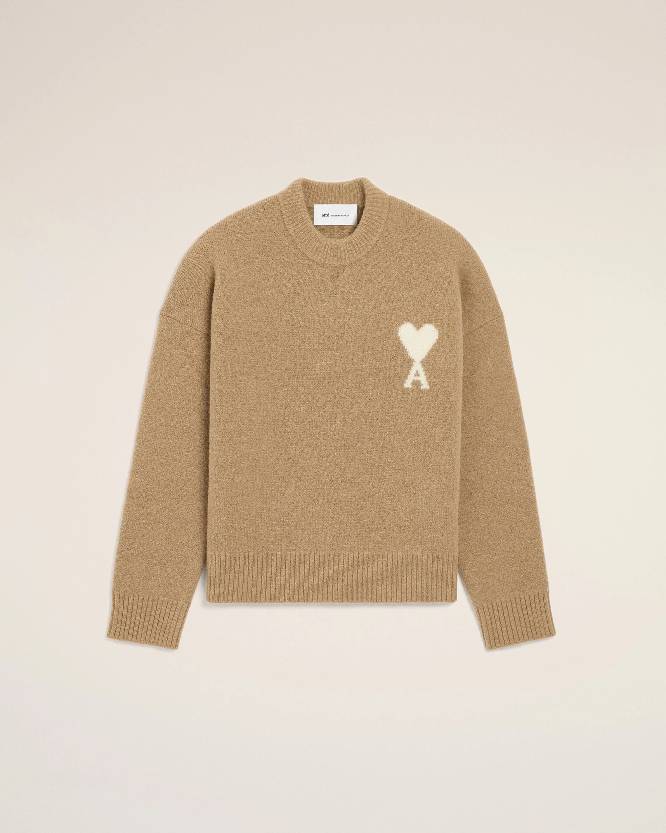 BEIGE CREWNECK ALPACA SWEATER WITH AMI DE COEUR - 1