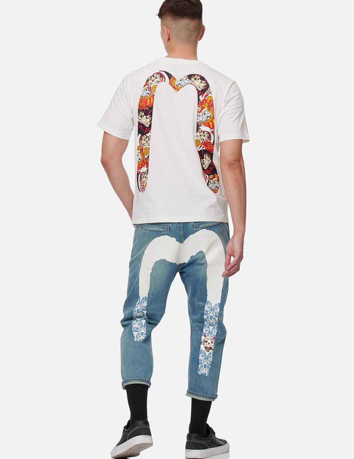 FORTUNE CAT AND DARUMA DAICOCK PRINT CROPPED FIT JEANS #2027 - 3