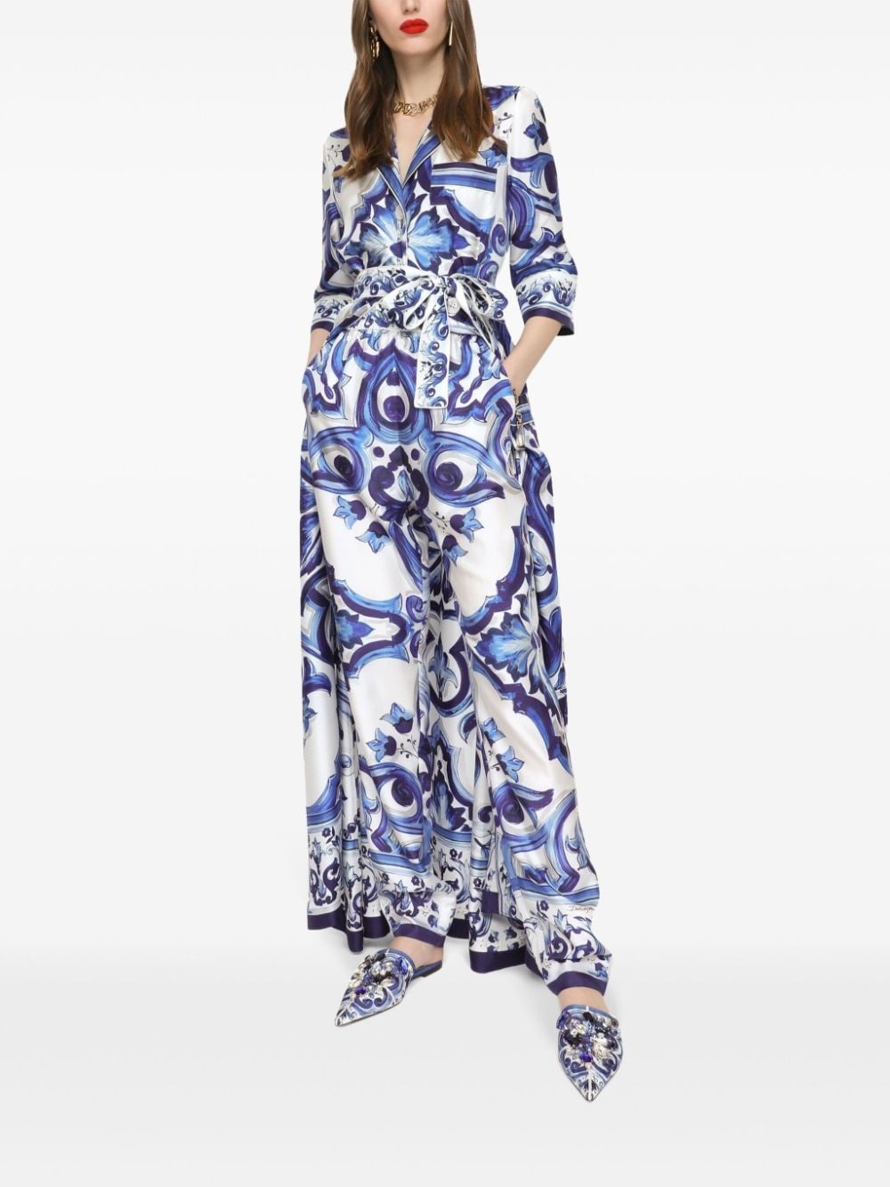 Majolica-print silk trousers - 2
