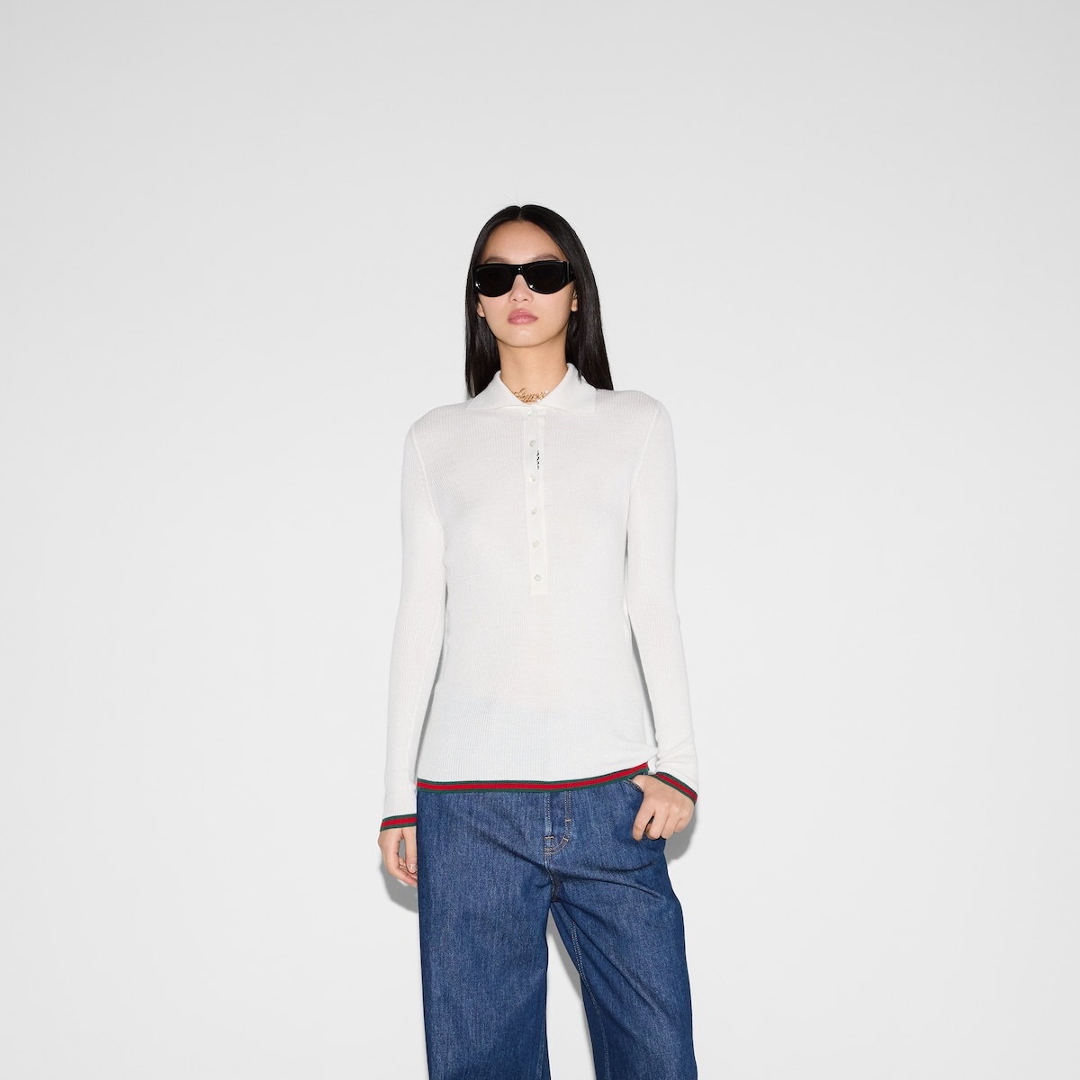 Cashmere and silk polo top with Web - 3
