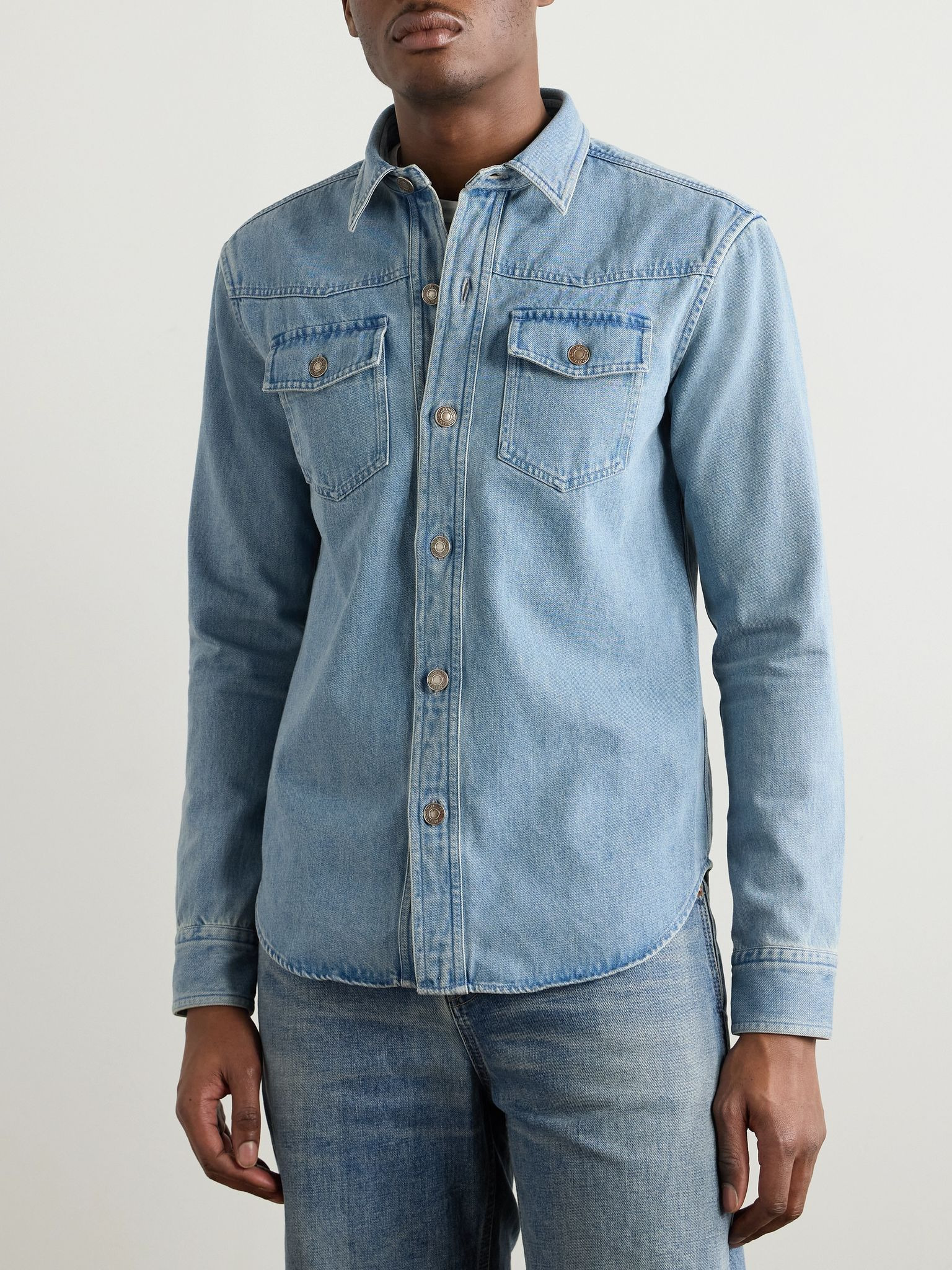 Slim-Fit Washed-Denim Overshirt Blue - 3