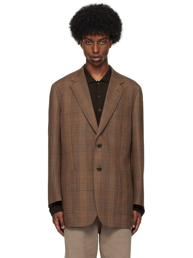 Brown Bluefaced Wool Check Double-Breasted Blazer - 1
