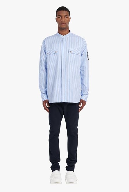 Striped pale blue cotton shirt with embroidered Balmain badge - 4