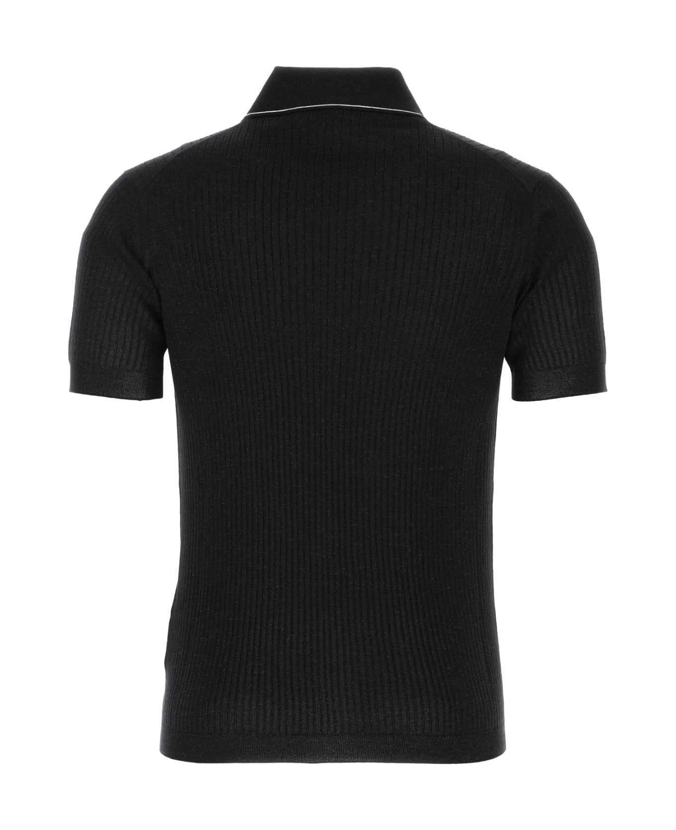 Black Wool Blend Polo Shirt - 2