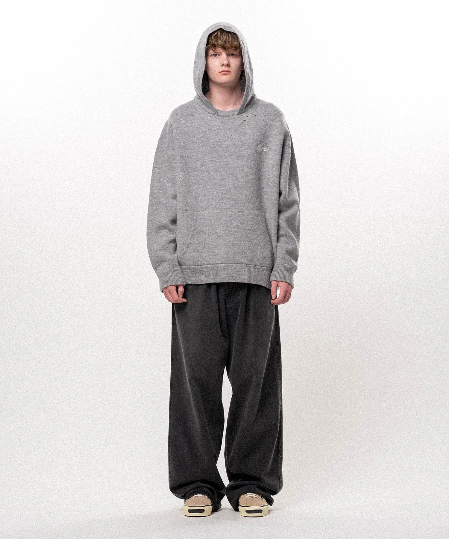Embroidered Felted Wool Knit Hoodie - 1