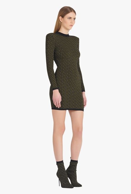 Short khaki and black wool dress with monogram print - 7