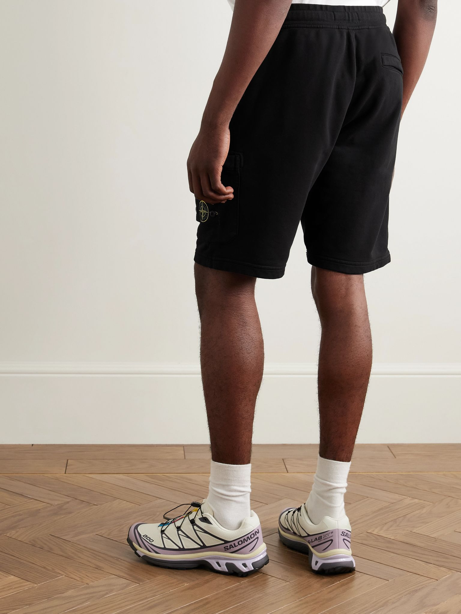 Straight-Leg Logo-Appliquéd Garment-Dyed Cotton-Jersey Drawstring Shorts Black - 4
