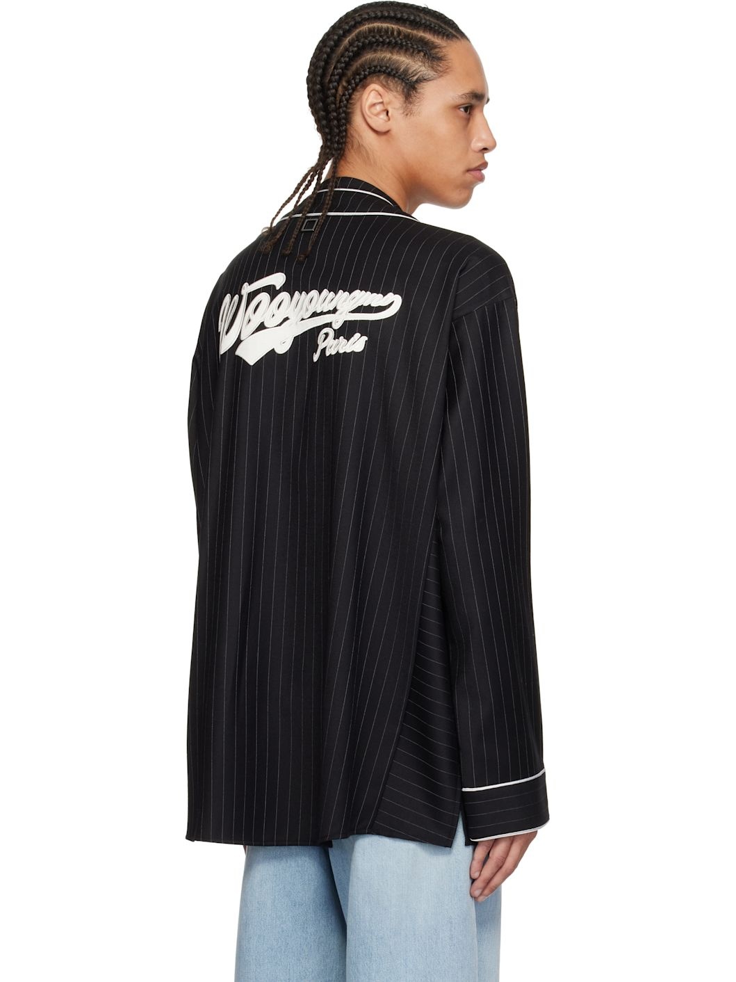 Black Wool Stripe Baseball Shirt - 3